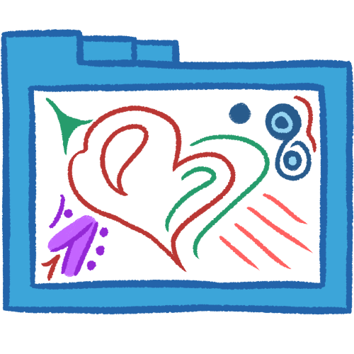  A hollow blue folder with thick lineart. It contains many abstract lines and shapes in various colours. The biggest shape is vaguely heart-like with no fill, and a small portion of it cut out.
